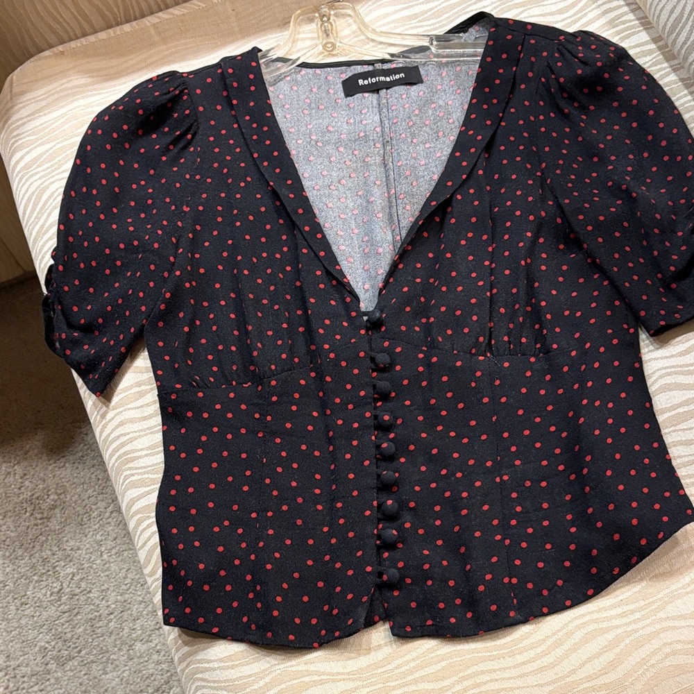 Reformation Black and Red Polka Dot Blouse